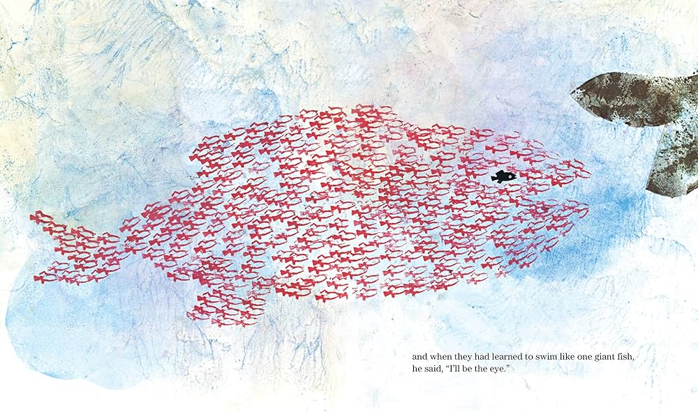 Painted book illustration: a school of little red fish arrange themselves defensively in the shape of a big fish, led by a little black fish positioned as the eye.